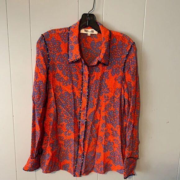 DVF Red Printed Blouse Size 6 - Picture 1 of 3